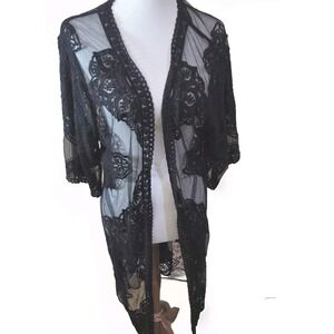 Knit Crochet Duster Womens Large Black Fairy Kimono Boho Gypsy Whimsigoth Sheer